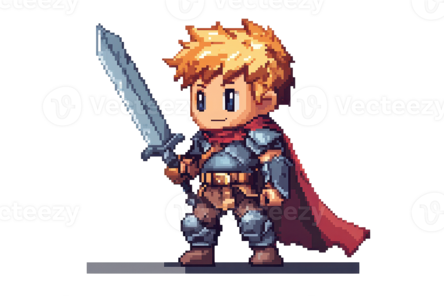 Pixel art warrior character holding a sword in armor and red cape, ideal for gaming content and retro-themed designs. png