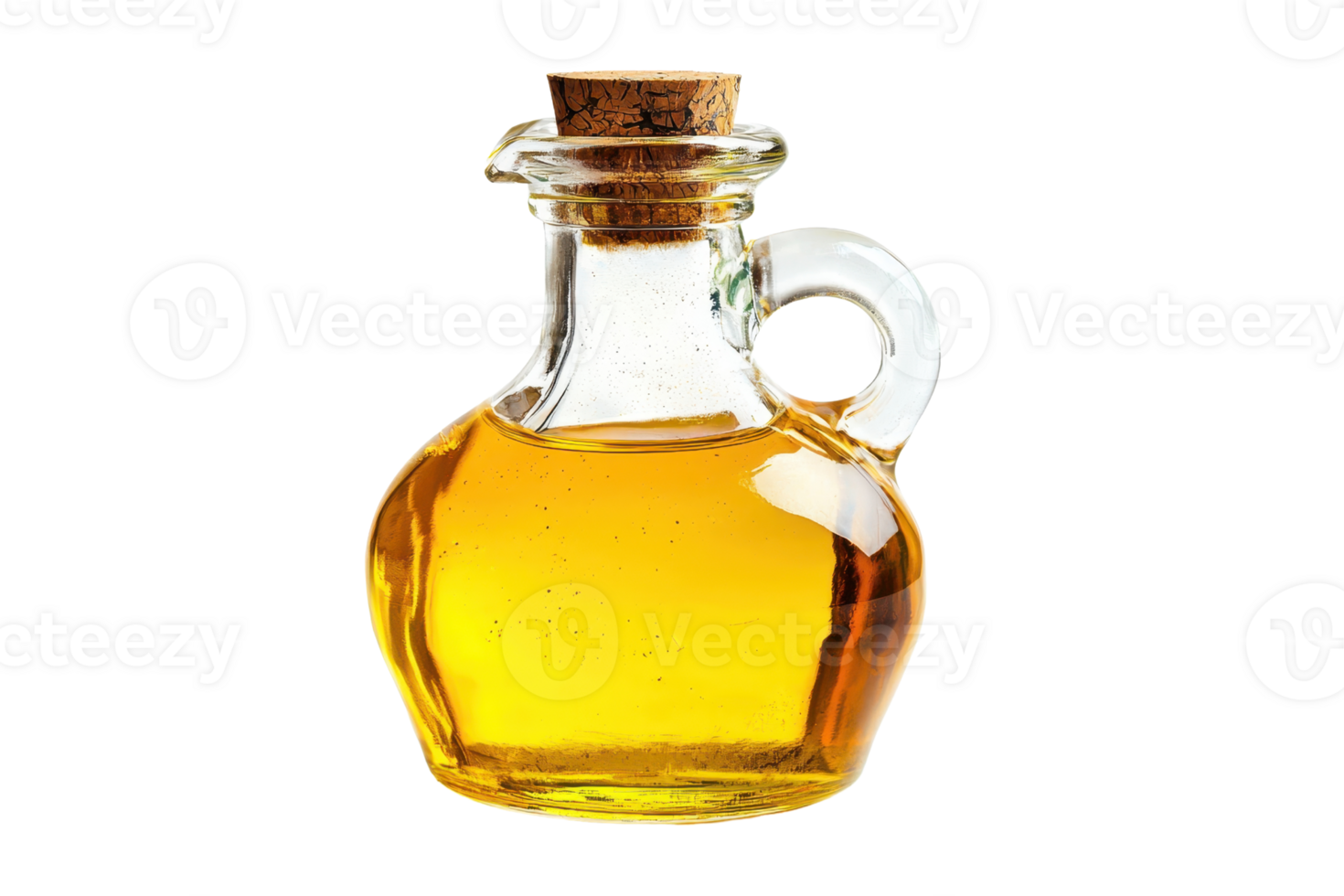 A clear glass bottle filled with golden olive oil, sealed with a cork, isolated on a transparent background. png