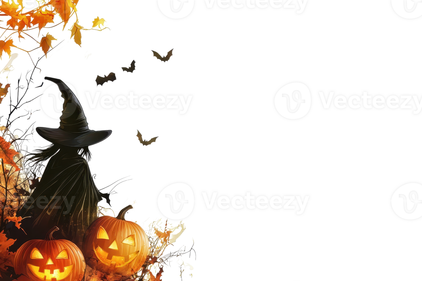 Spooky Halloween scene with glowing pumpkins, witch hat, and bats. Perfect for holiday and seasonal projects. Copy space included. png