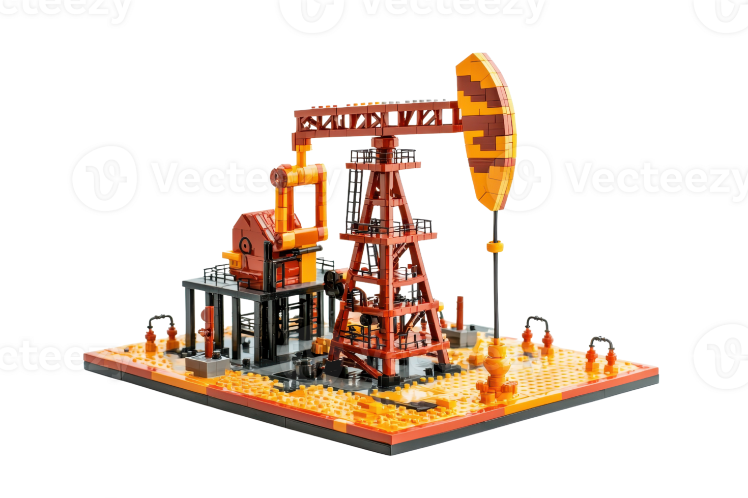 Colorful toy building blocks arranged as an oil rig model with intricate details and vibrant hues, showcasing creativity and engineering. png