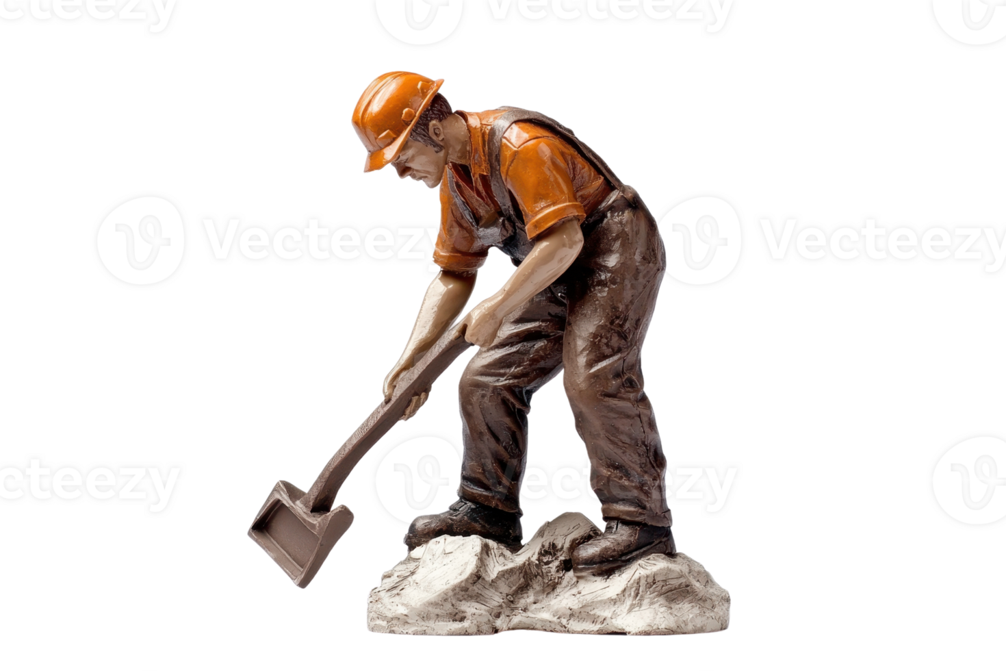 estátua do uma trabalhador vestindo uma Difícil chapéu e macacão, escavação com uma pá, simbolizando Difícil trabalhos e trabalho. png