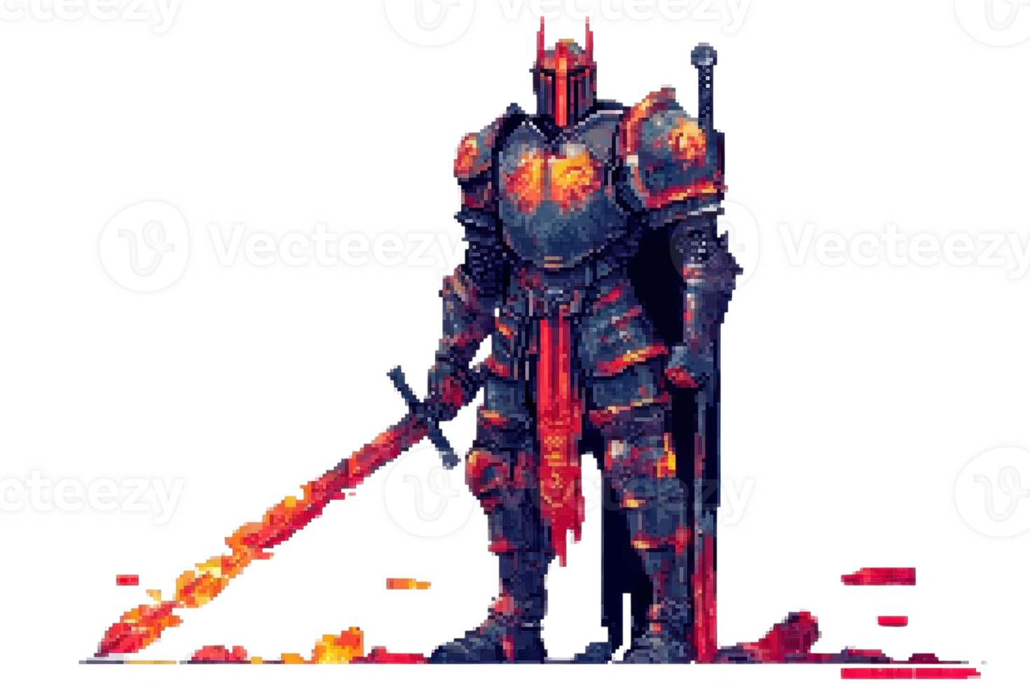 Pixel art of a fiery medieval knight in full armor, standing with a glowing sword and shield, surrounded by embers. png