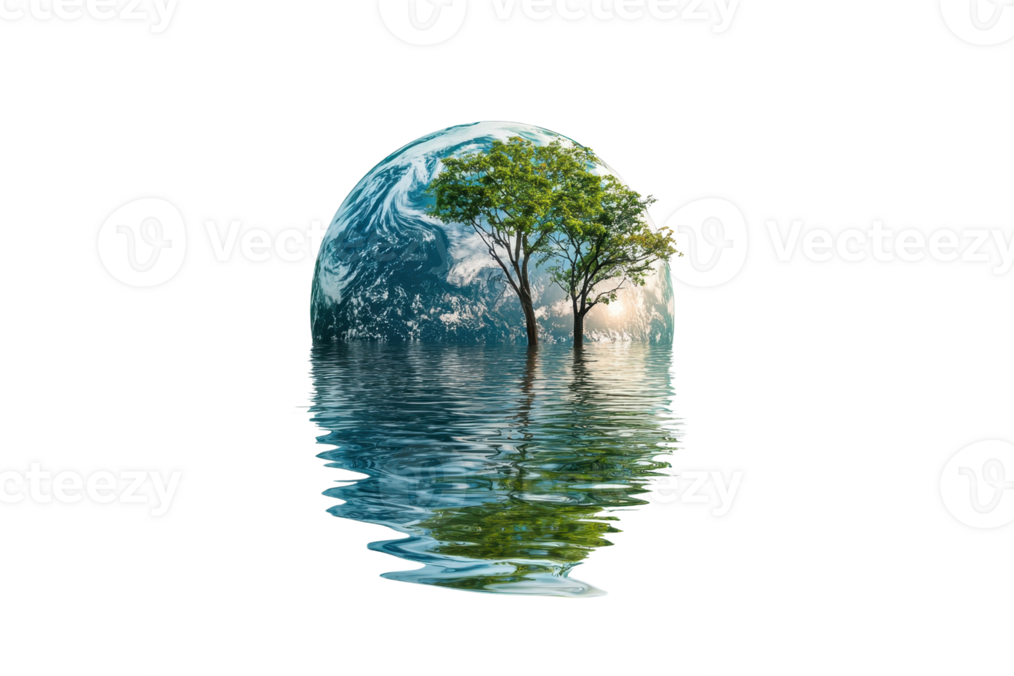 Surreal image of a tree inside a bubble floating on water, representing conservation, Earth, and environmental protection. png