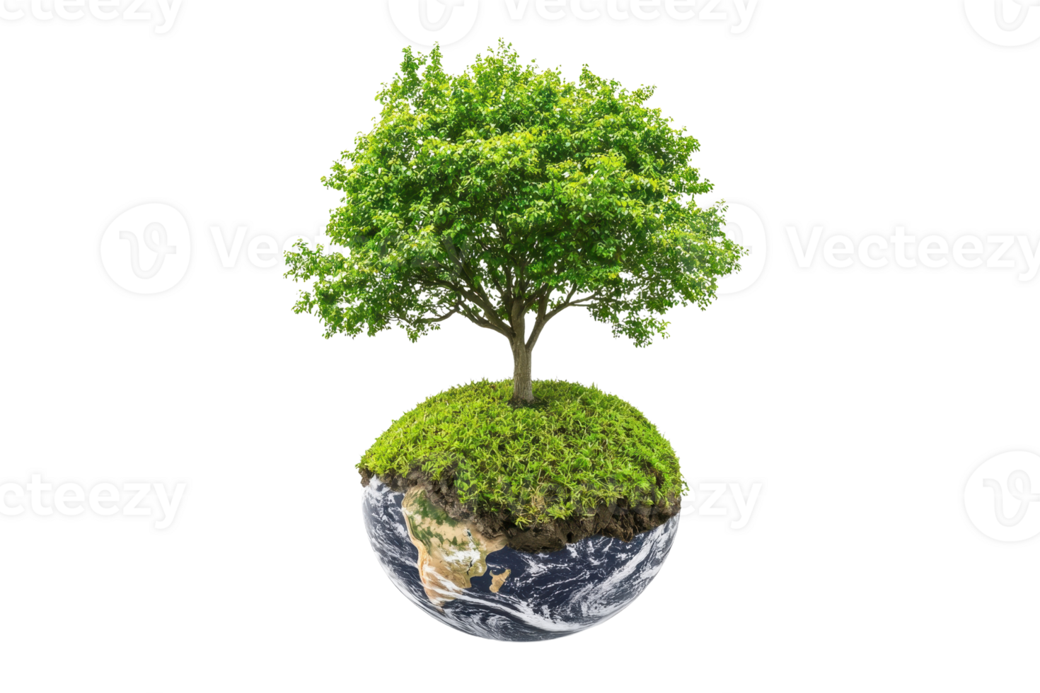 Conceptual image depicting environmental conservation with a green tree growing on a small Earth globe, symbolizing sustainability. png
