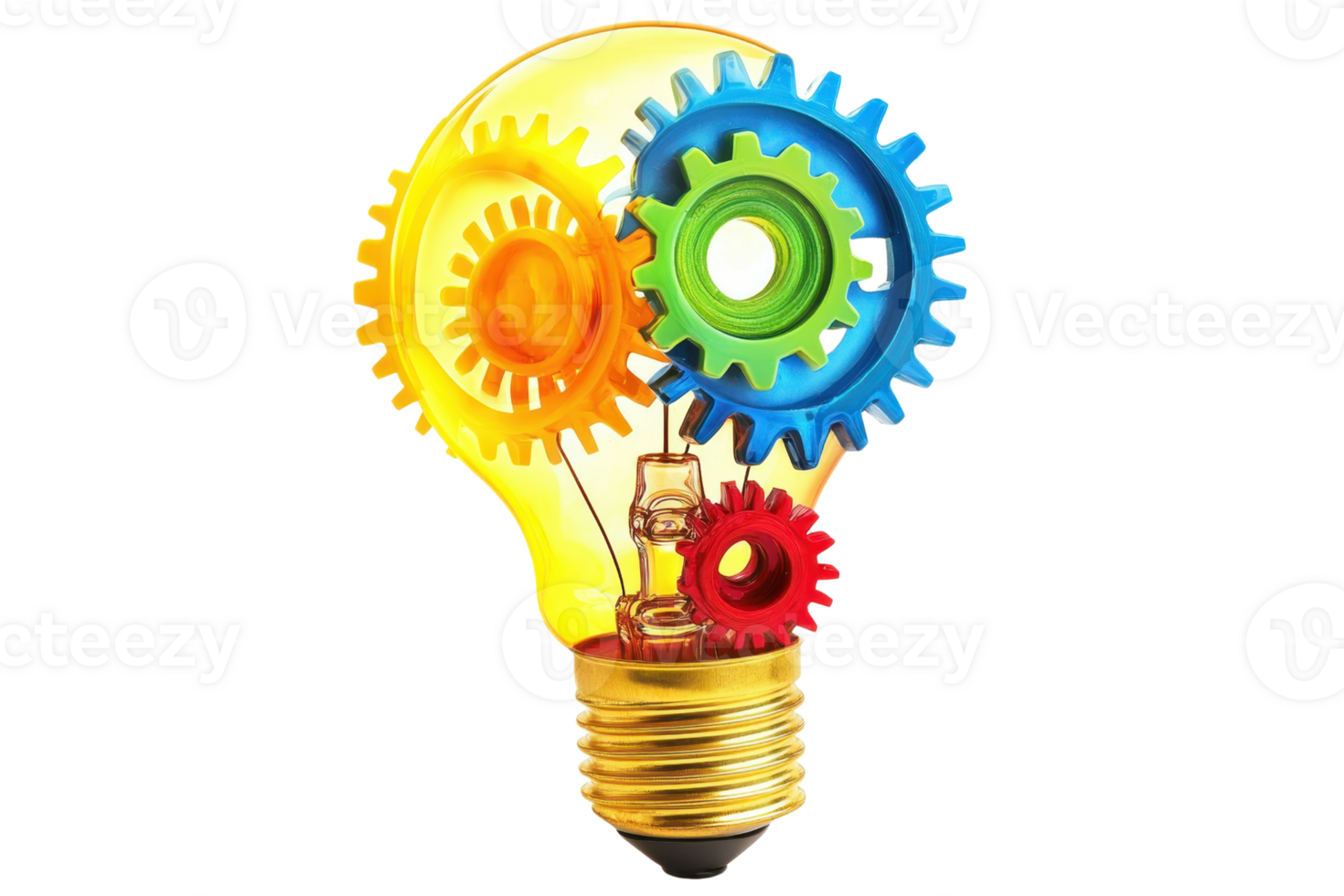 Colorful light bulb with interlocking gears representing innovation and creativity. Ideal for business, technology, and idea-related themes. png