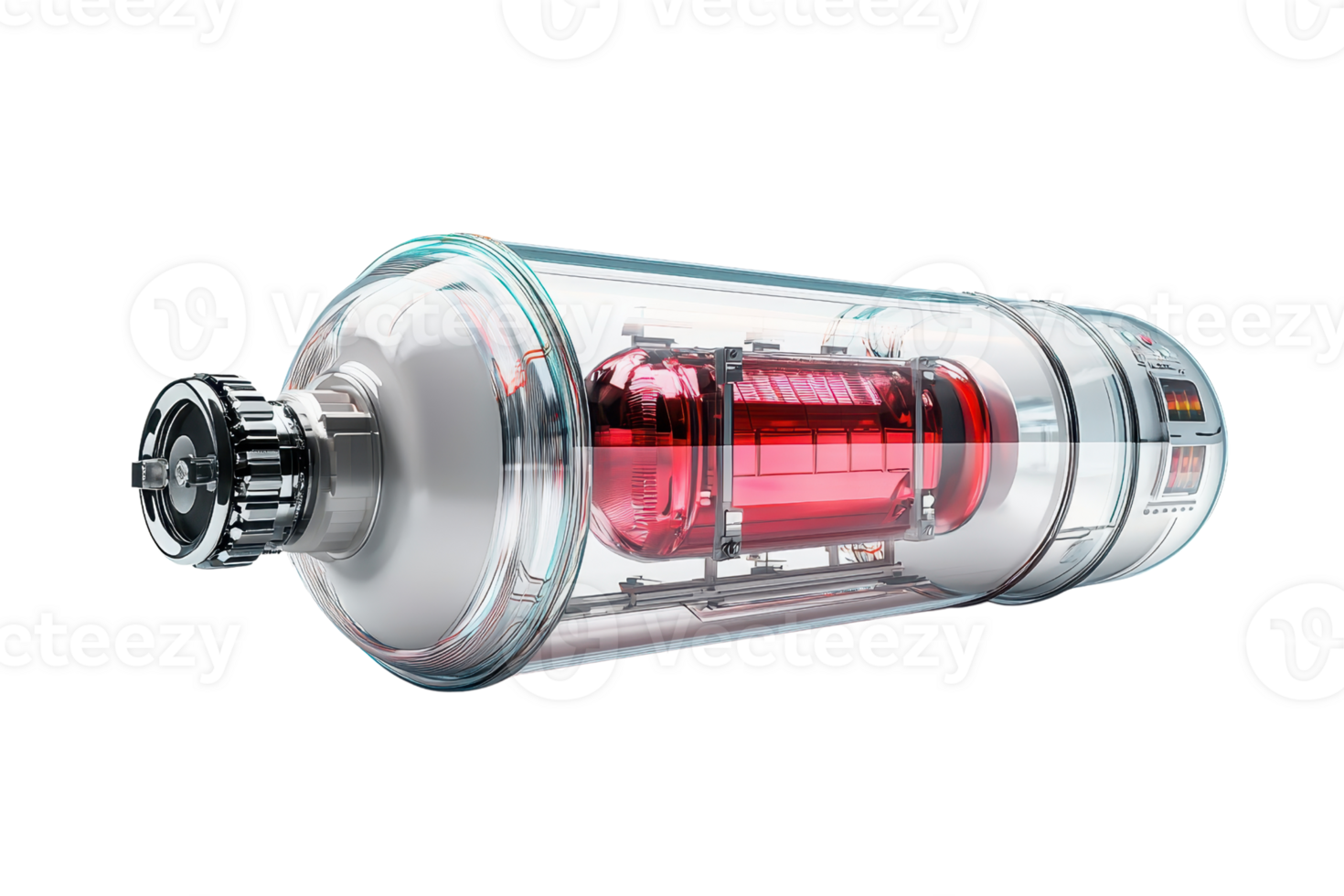 Futuristic transparent battery with a red core, showcasing advanced technology and energy storage design. png