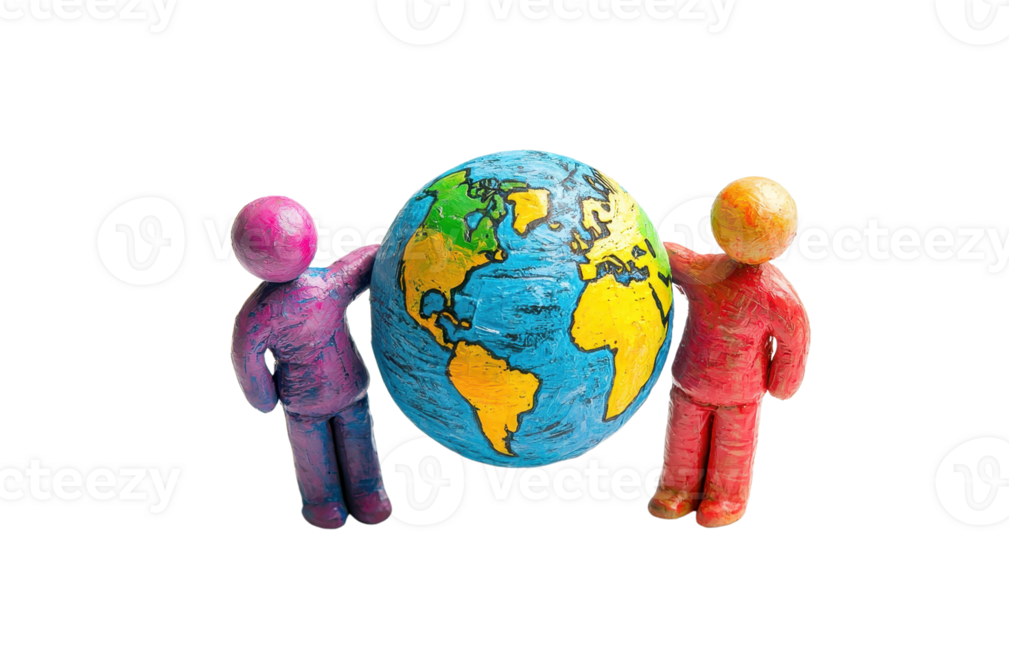 Colorful clay figures holding a detailed globe representing unity and diversity. Ideal for global concepts, education, and international themes. png