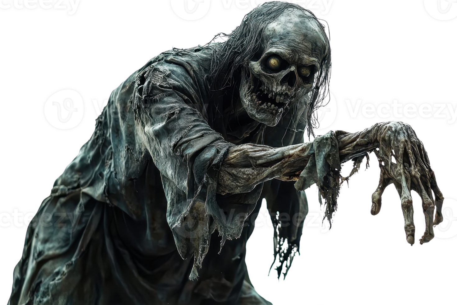 Creepy undead skeleton with glowing eyes and tattered clothes, perfect for Halloween or horror-themed designs. png