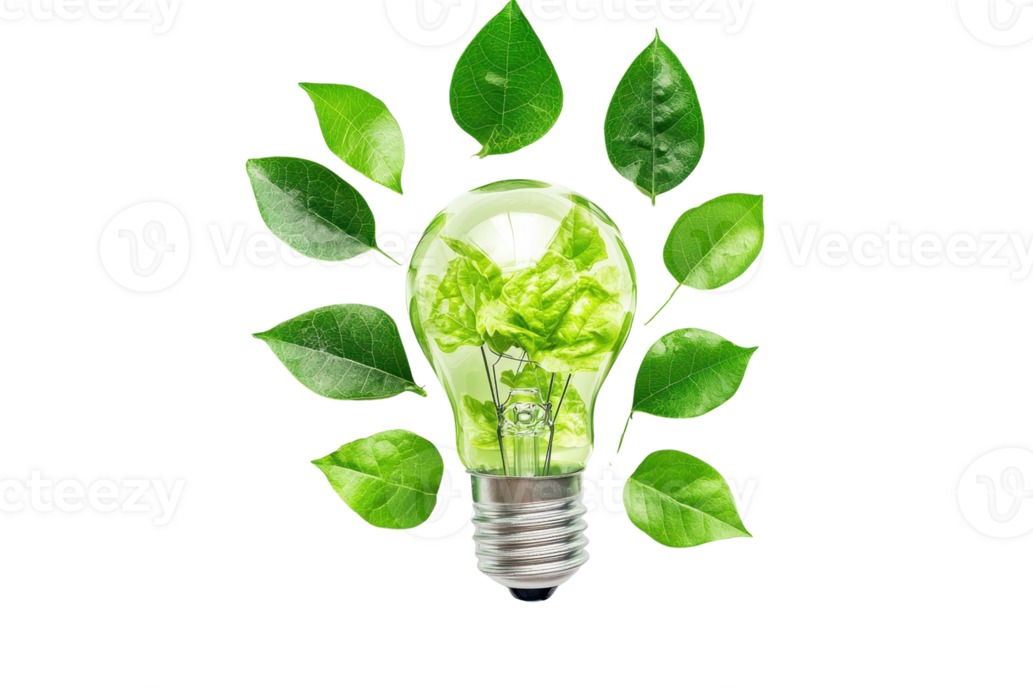 Green energy concept featuring a light bulb surrounded by green leaves, symbolizing sustainability and eco-friendly solutions. png