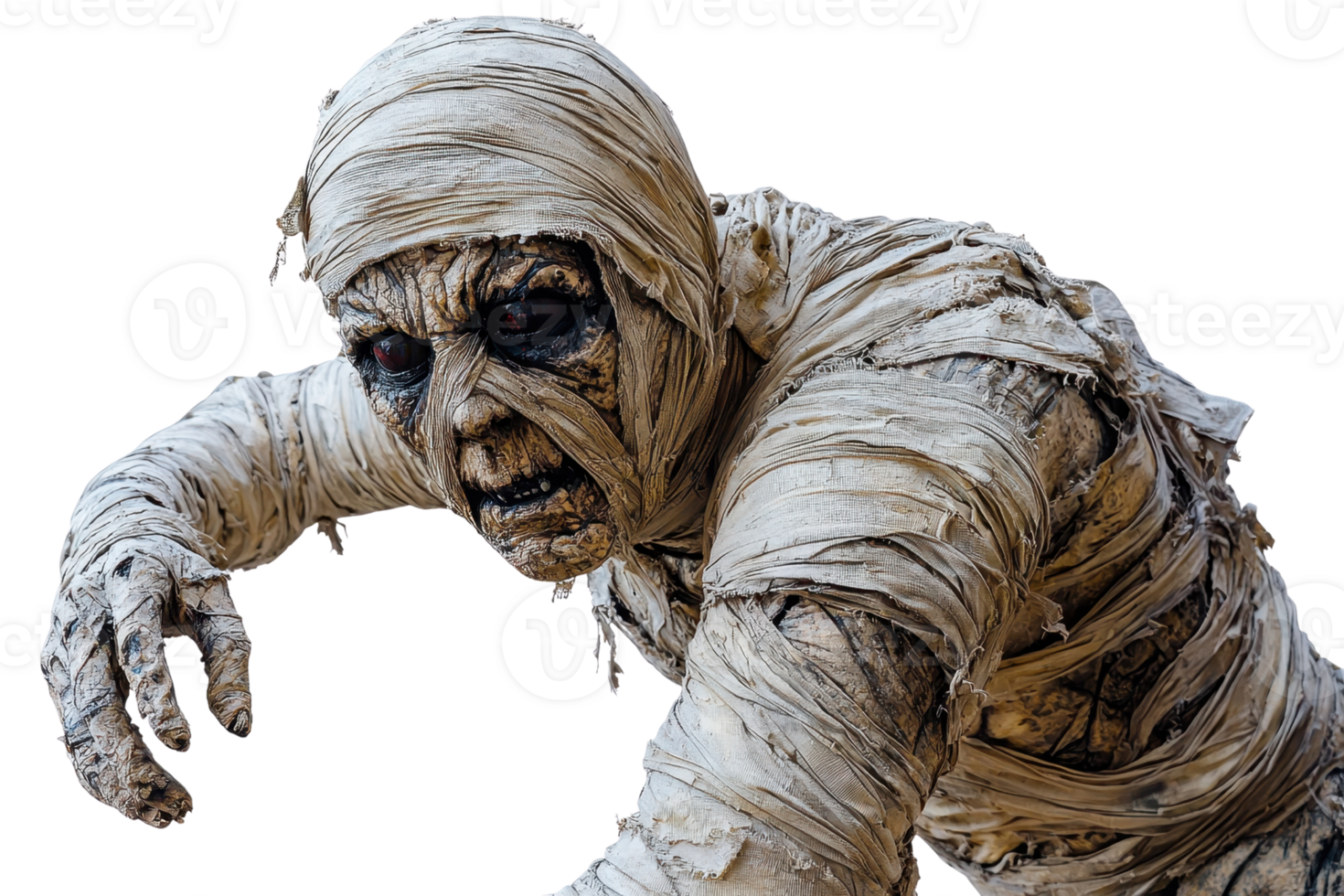 Close-up of a spooky mummy in tattered bandages with menacing dark eyes, perfect for Halloween-themed designs or horror illustrations. png