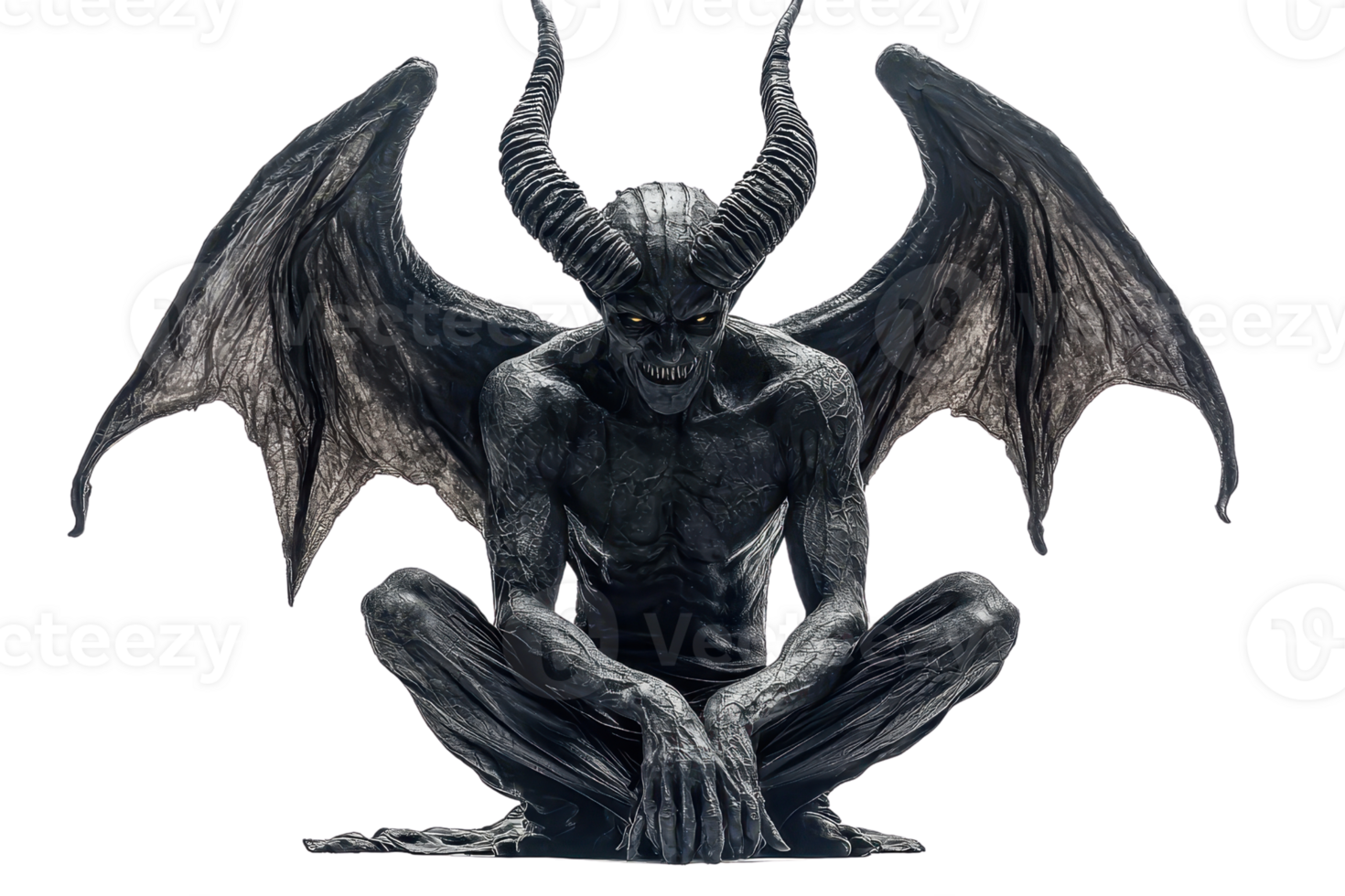 Dark demonic creature with large horns and wings in a menacing pose. Perfect for Halloween or horror-themed projects. png
