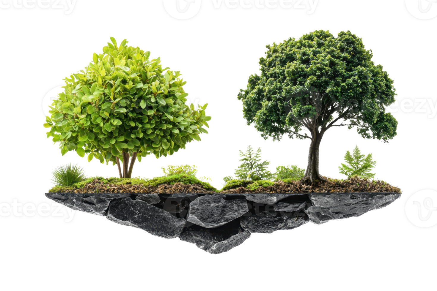 Floating island with two trees and lush greenery, concept of nature and environmental conservation in isolated background. png