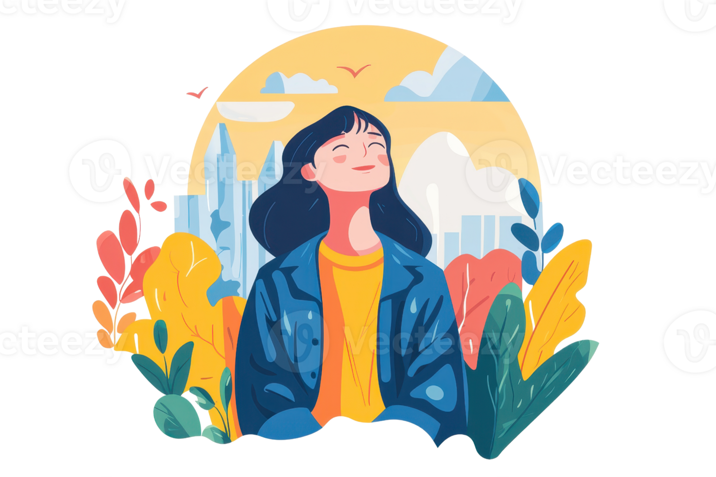 Illustration of a woman enjoying nature in the city, surrounded by colorful plants and skyline in the background. png