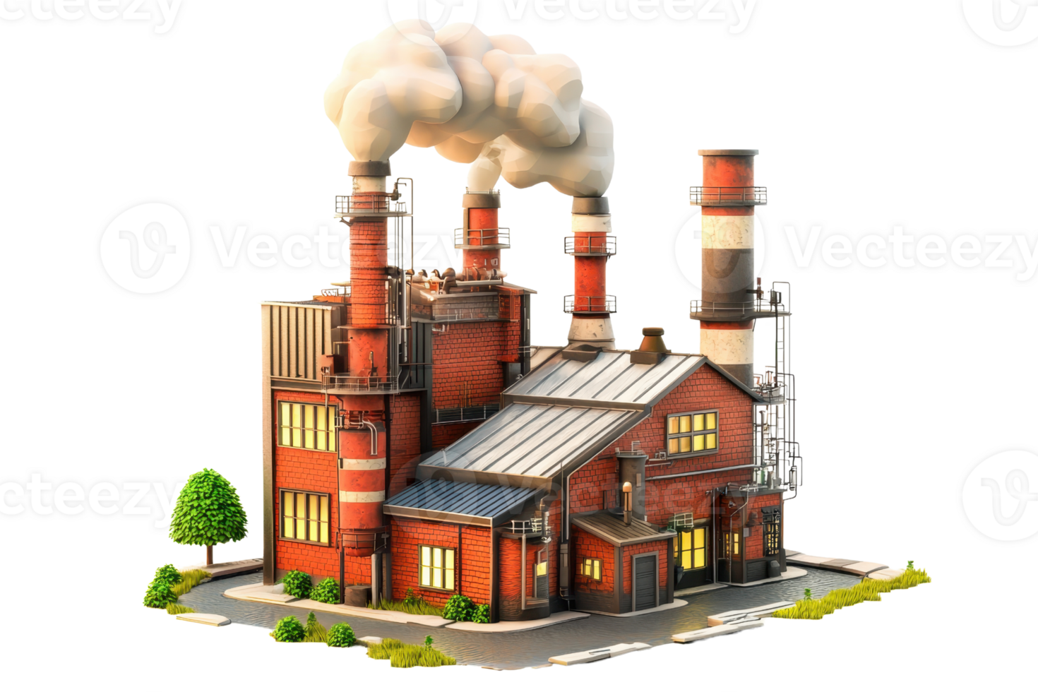 Illustration of an industrial factory with chimneys emitting smoke, representing manufacturing and industrial processes. png