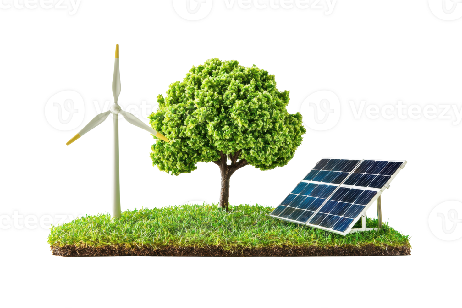 Image depicting renewable energy sources with a wind turbine, solar panel, and tree symbolizing eco-friendly and sustainable energy solutions. png