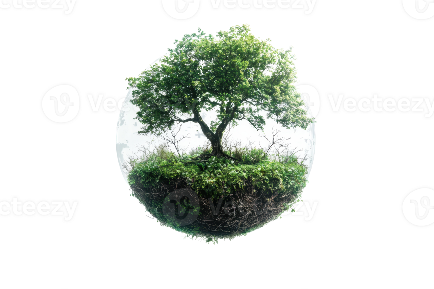 Lush green tree in a floating globe surrounded by mist, symbolizing nature, environment, and ecological balance in a surreal landscape. png