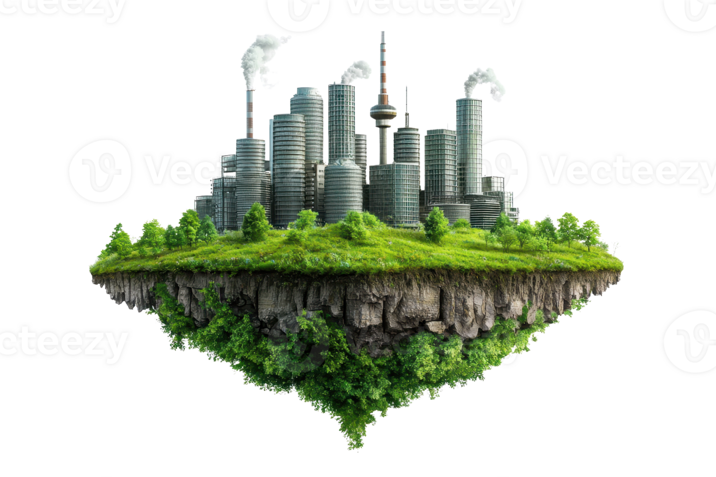 Floating island with industrial cityscape, greenery, and smoke stacks, representing urbanization and environmental impact. png