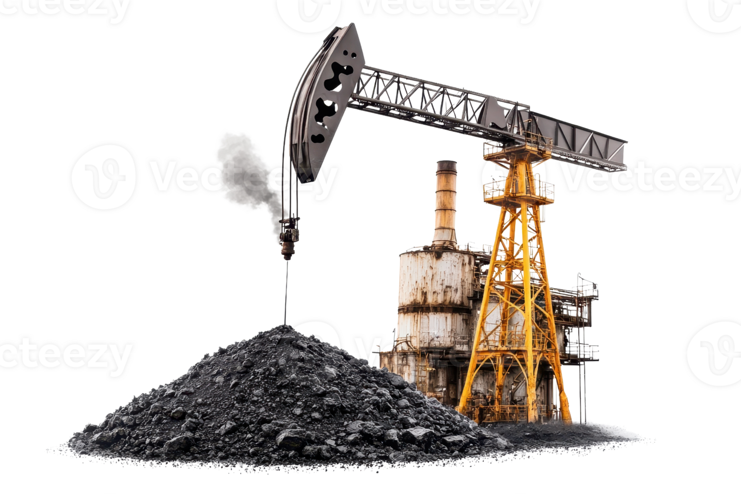 Industrial oil pump jack extracting crude with refinery background representing energy production and fossil fuels concept. png