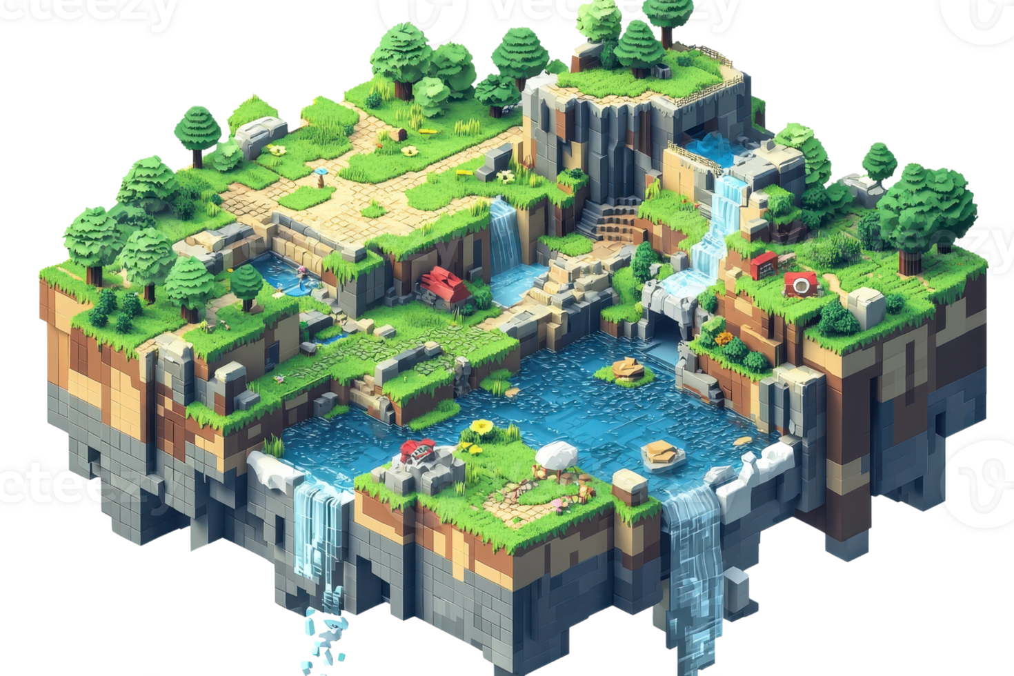 Isometric pixel art of a lush floating island with waterfalls, trees, and pathways, perfect for game design or creative projects. png