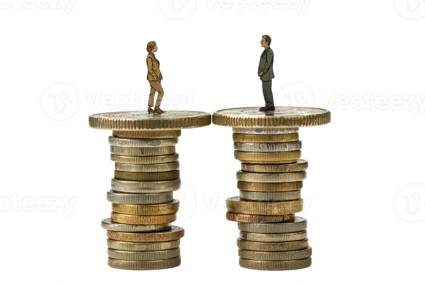 Miniature figures standing on stacks of coins representing wage gap, financial inequality, and economic comparisons. png