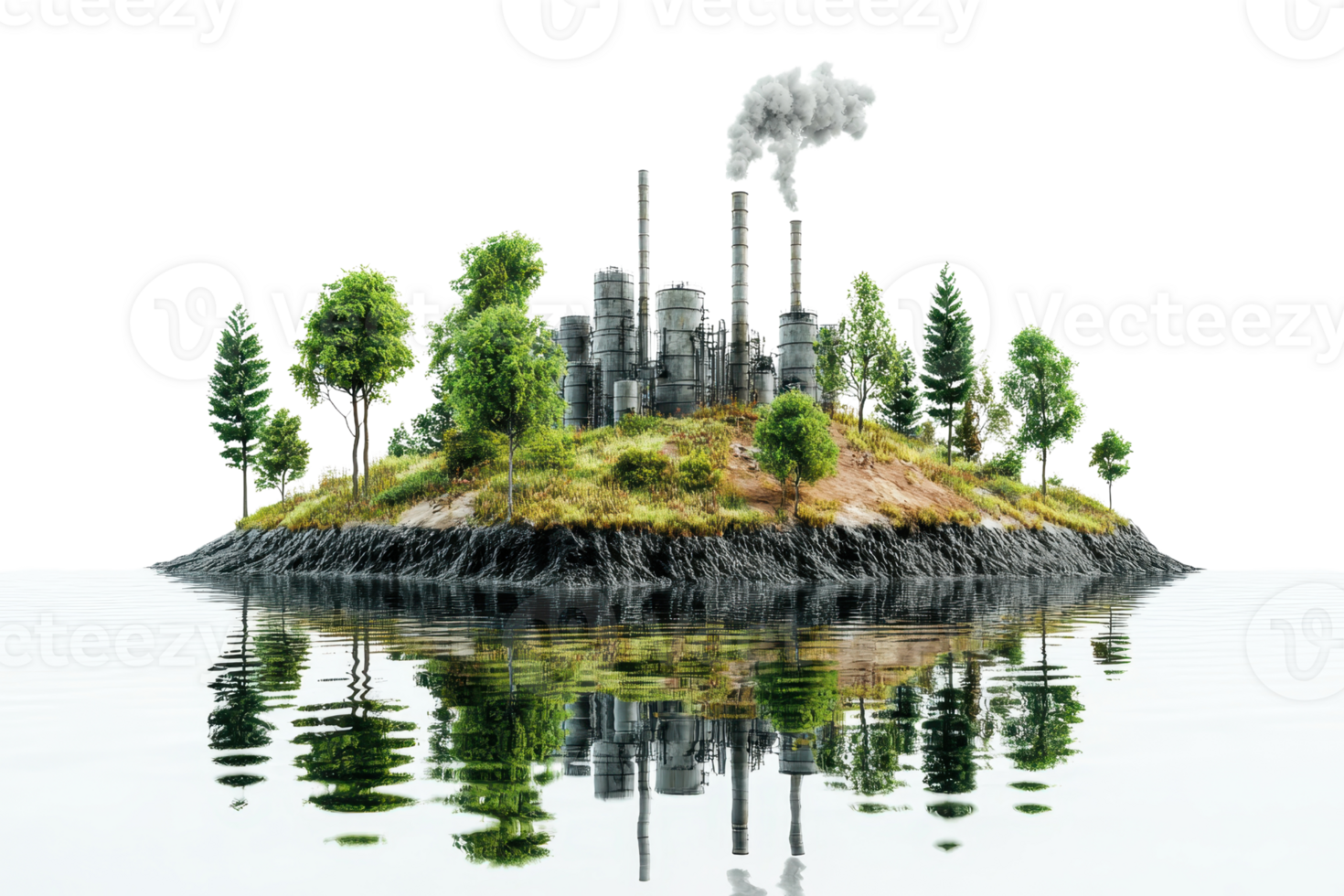 Industrial complex on a small island with lush greenery and smoke stacks, reflecting in calm water, depicting environmental impact. png