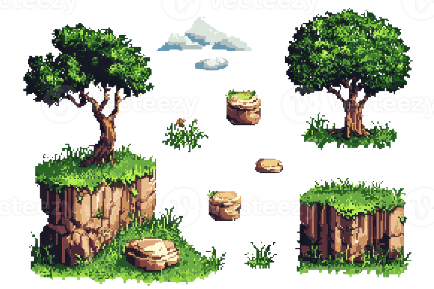 Pixel art floating islands with trees, rocks, and clouds. Perfect for game design, retro style environments, or fantasy landscapes. png