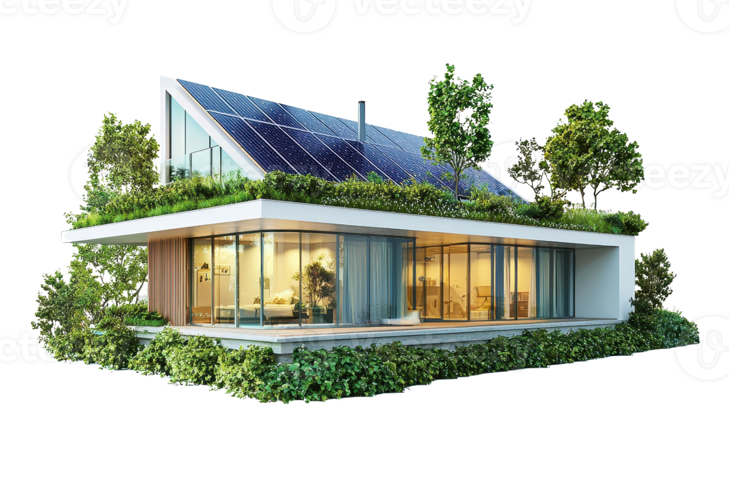 Modern sustainable house with solar panels, green roof, large windows, and lush vegetation, emphasizing eco-friendly architecture. png