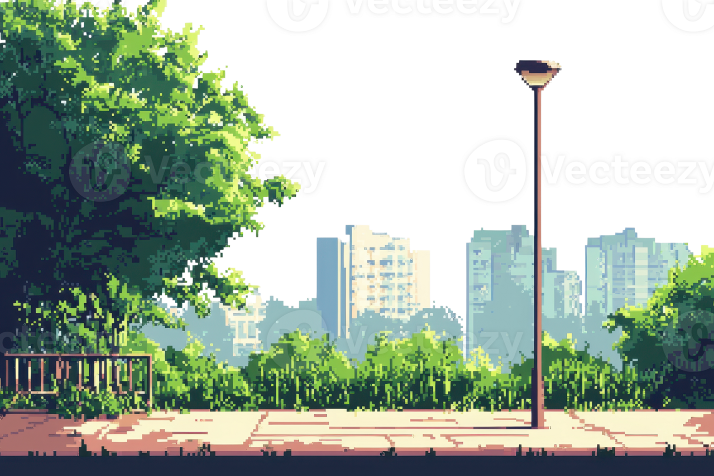 Pixel art cityscape with trees, a lamppost, and buildings in the background under a clear sky. png