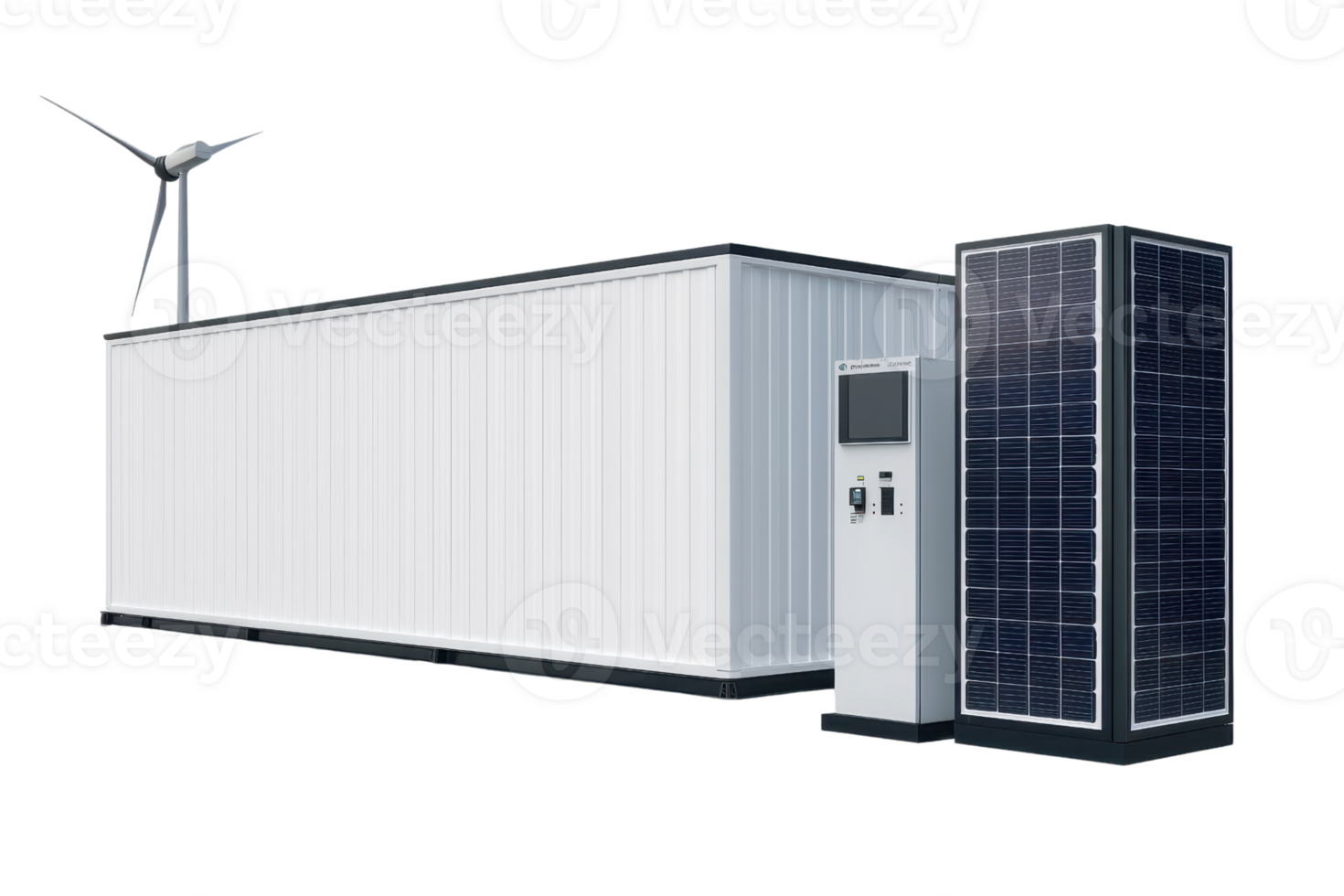 Modern renewable energy storage system with solar panels and wind turbine, providing sustainable power solution for green technology and environmental care. png