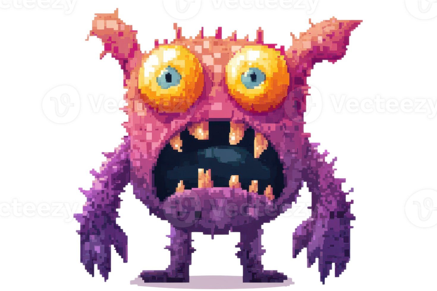 Pixel art of a purple monster with big eyes and sharp teeth, showcasing a retro and colorful design, perfect for game assets or creative projects. png