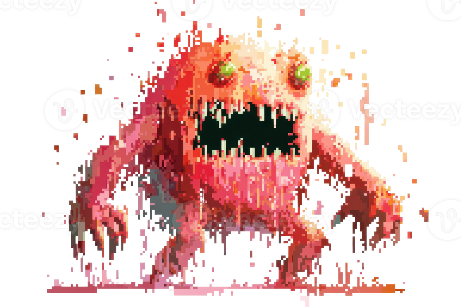 Pixel art illustration of a red, gooey monster with a wide open mouth and green eyes, standing in a dynamic pose. png