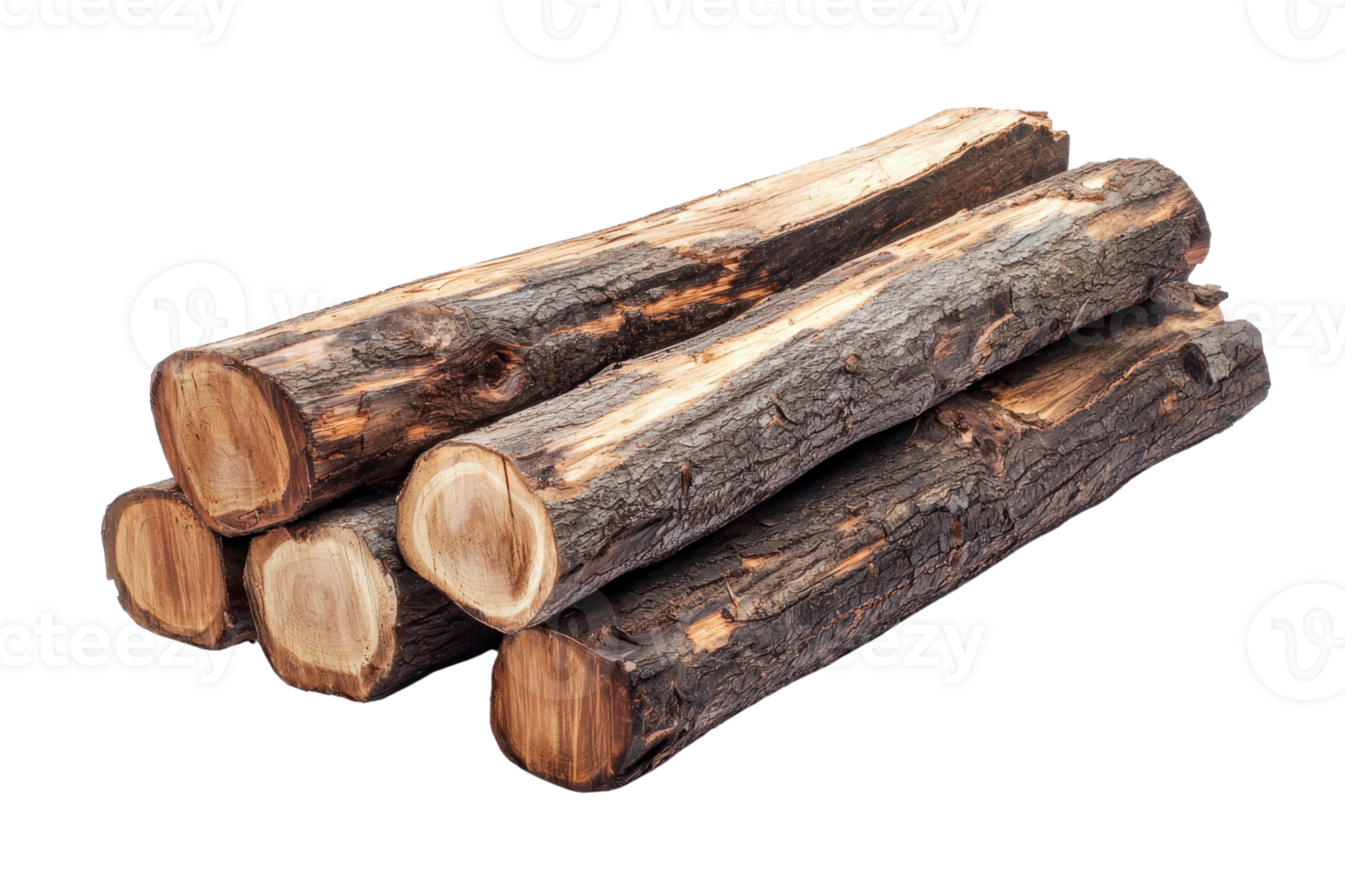 Stack of six logs with rough bark and smooth cut ends, representing natural wood texture for firewood, carpentry, or craft purposes. png