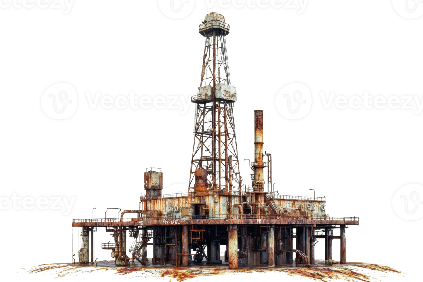 Rusty abandoned oil drilling rig with detailed textures, showcasing industrial decay and the power of nature's reclamation. png