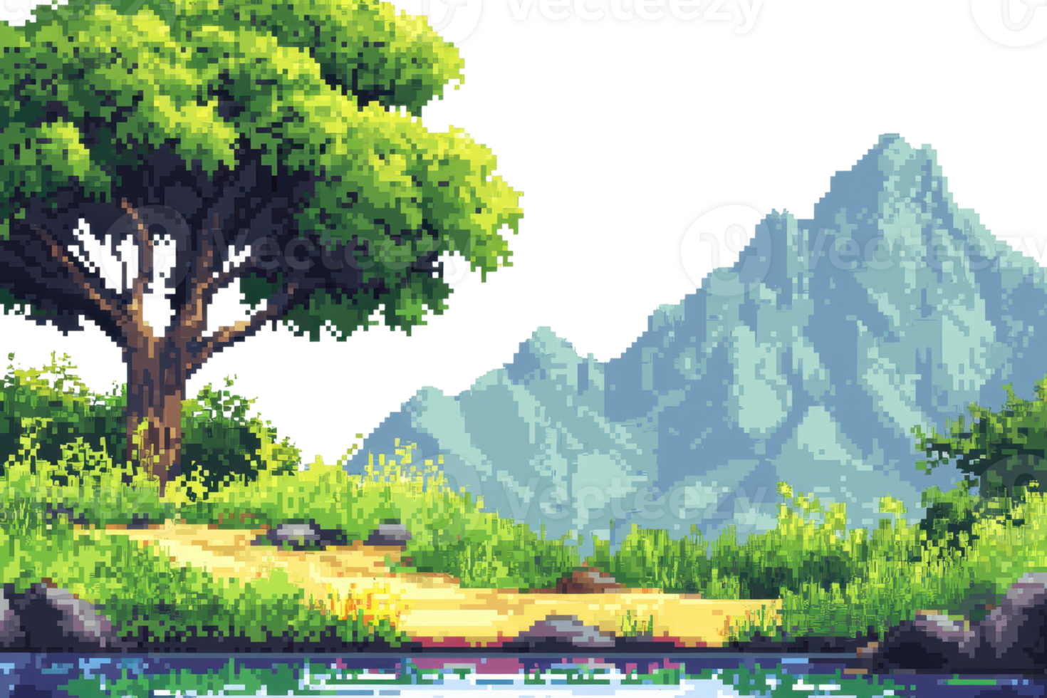 Pixel art landscape featuring a serene mountain, lush greenery, large tree, and a small pond reflecting the tranquil scene. png