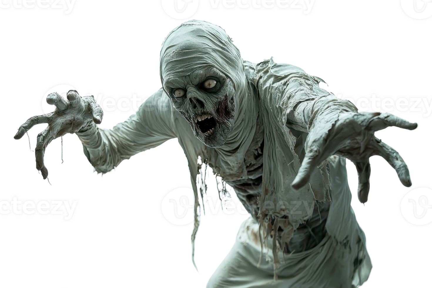 Terrifying mummy reaching out with decayed bandages, perfect for horror and Halloween-themed designs. png