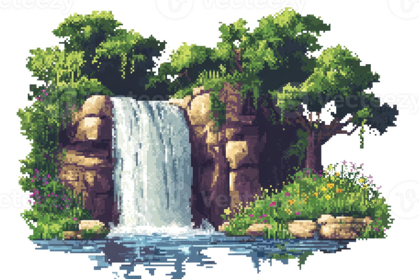 Serene waterfall cascading into a tranquil pool surrounded by lush greenery and vibrant wildflowers on rocky terrain. png
