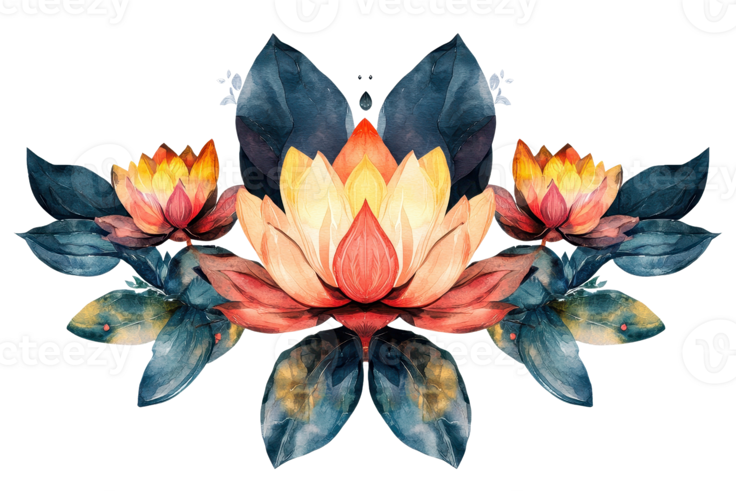 Stunning watercolor illustration of vibrant lotus flowers with lush leaves, perfect for artistic decor and creative projects. png