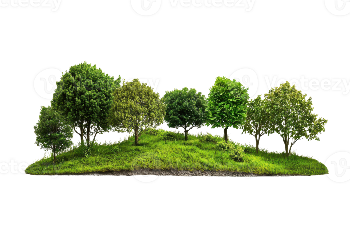 Serene landscape featuring a lush, green island with diverse trees, perfect for nature and environmental themes. png