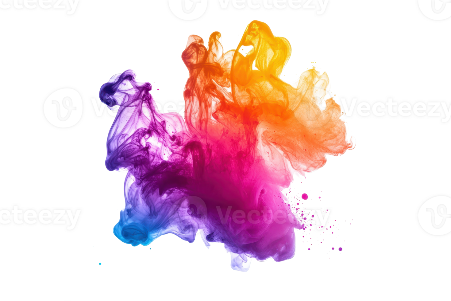 Vibrant and colorful ink explosion in water, creating a mesmerizing abstract design with orange, purple, and blue hues. png