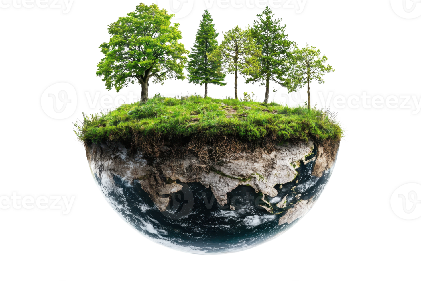 Surreal floating earth with lush trees and green landscape showcasing nature, sustainability, and environmental conservation. png