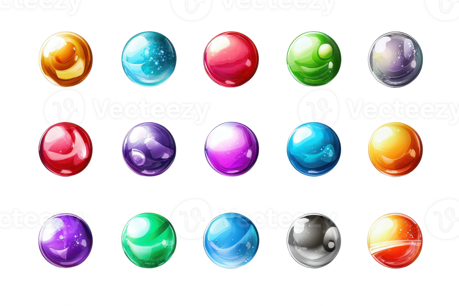 Set of 16 colorful glossy spheres, each with a unique hue. Perfect for game design, UI elements, and digital art projects. png