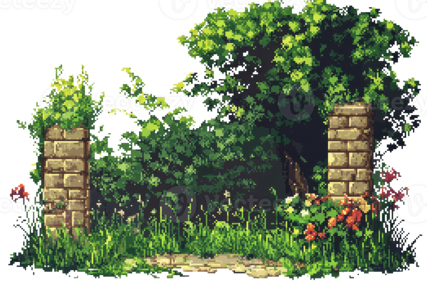 Stone pillars surrounded by lush greenery and vibrant flowers, perfect for a serene and natural stock photo background. png