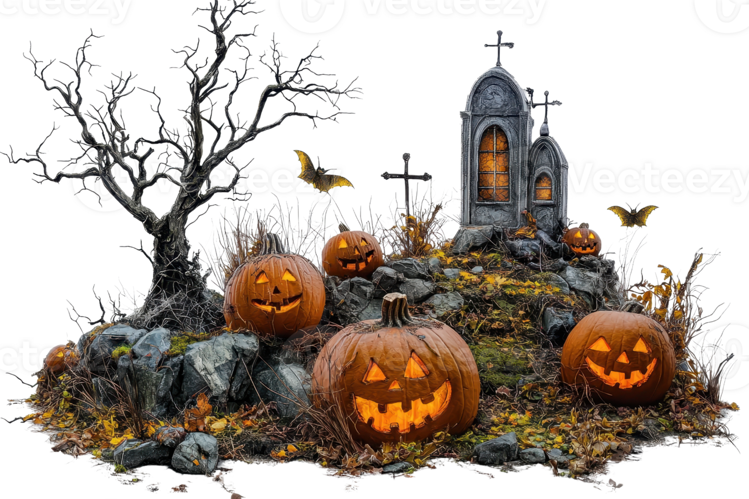 Spooky Halloween scene with carved pumpkins, a graveyard, and a skeletal tree, perfect for thematic decorations or projects. png