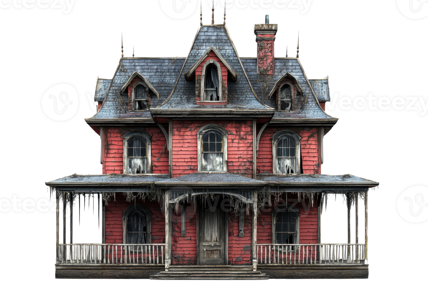 Spooky Victorian haunted house with eerie architecture, perfect for Halloween themes and ghost stories. Dark, abandoned, overgrown entrance. png