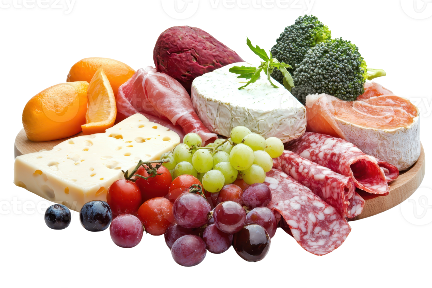 Variety of delicious cheeses, meats, and fruits on a serving board. Perfect for gourmet appetizers and charcuterie platters. png