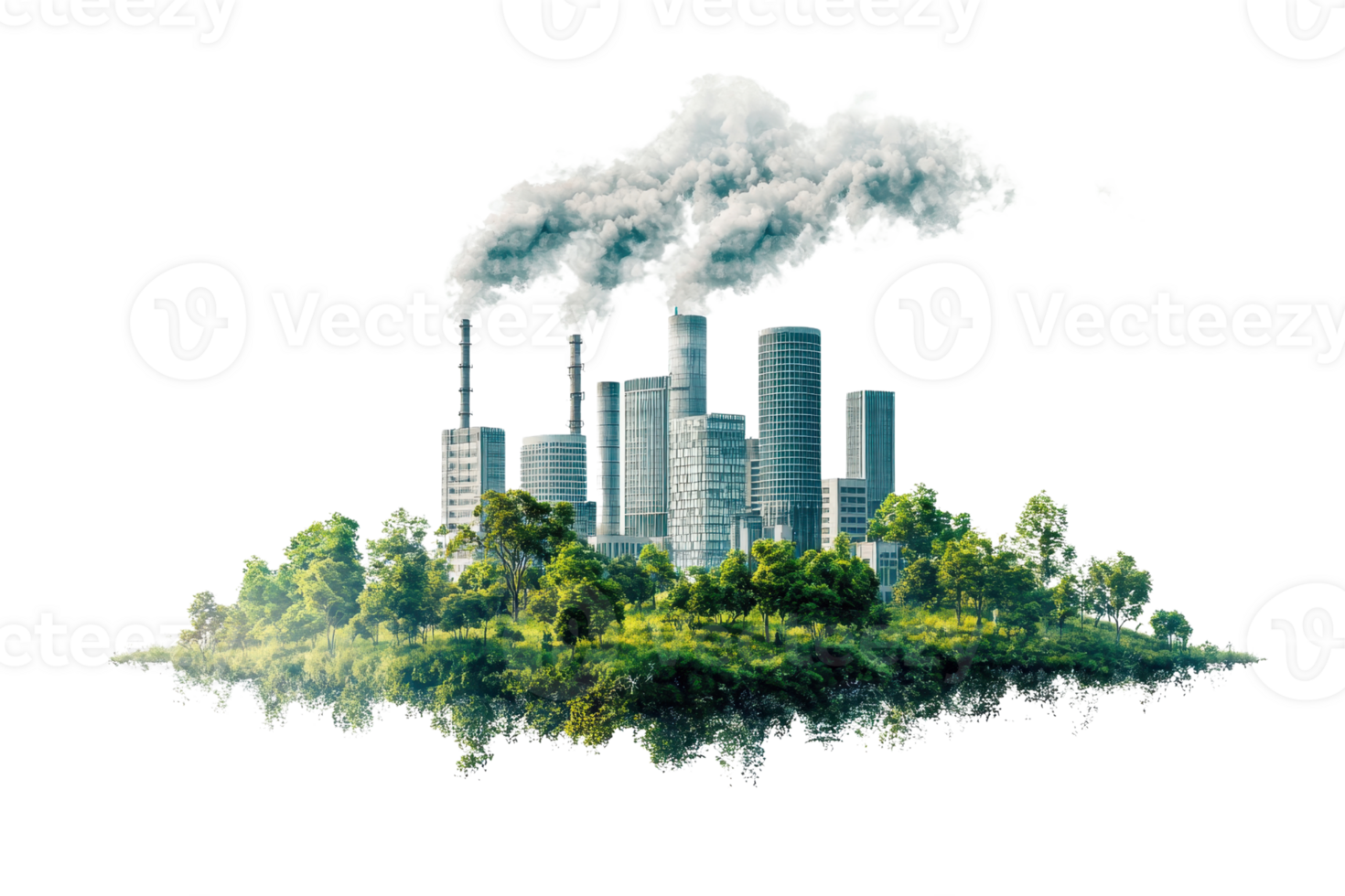 Urban landscape with skyscrapers surrounded by green trees and pollution, representing the contrast between nature and industrialization. png