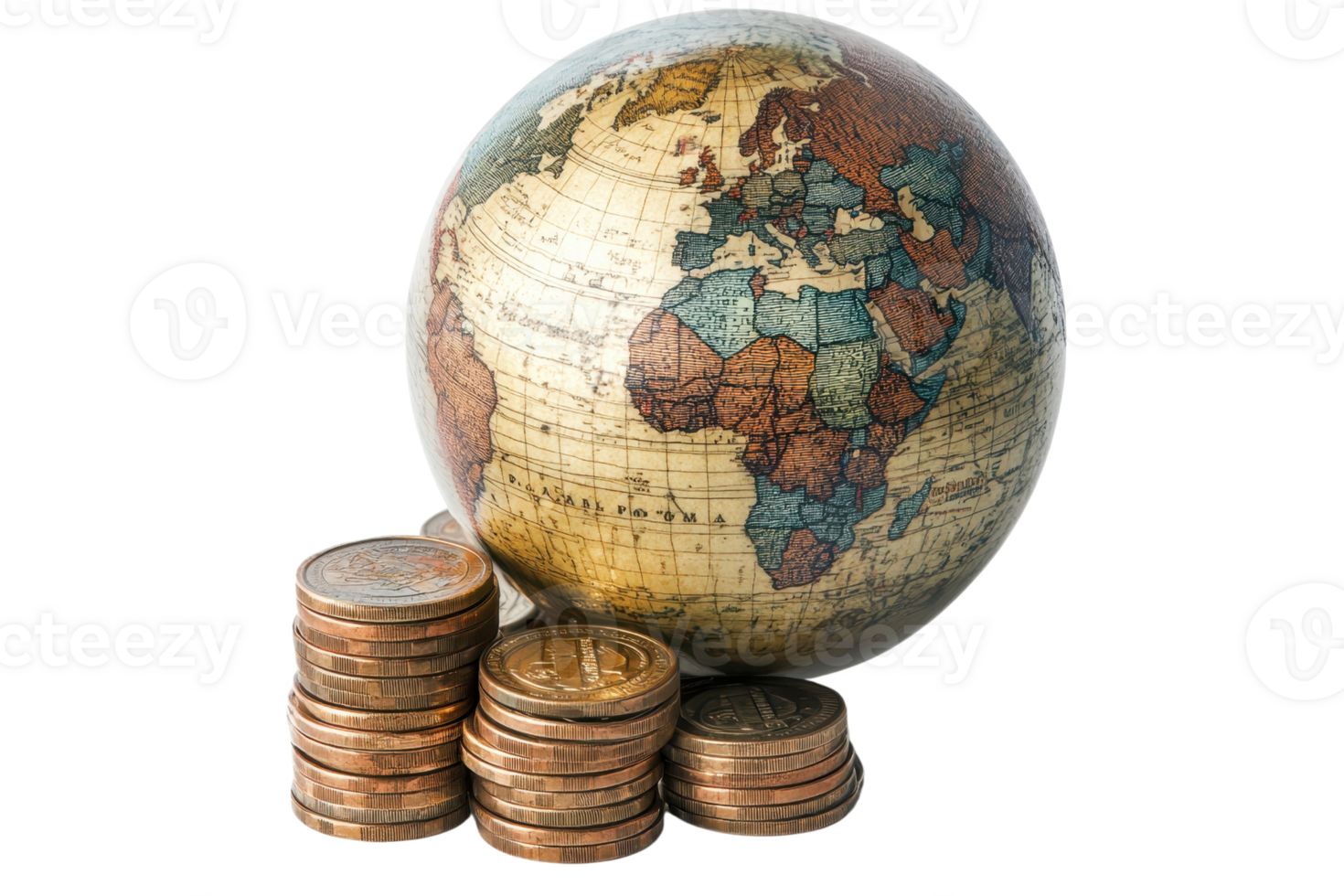 World globe with stacks of coins depicting global finance, economy, and international trade concept. png