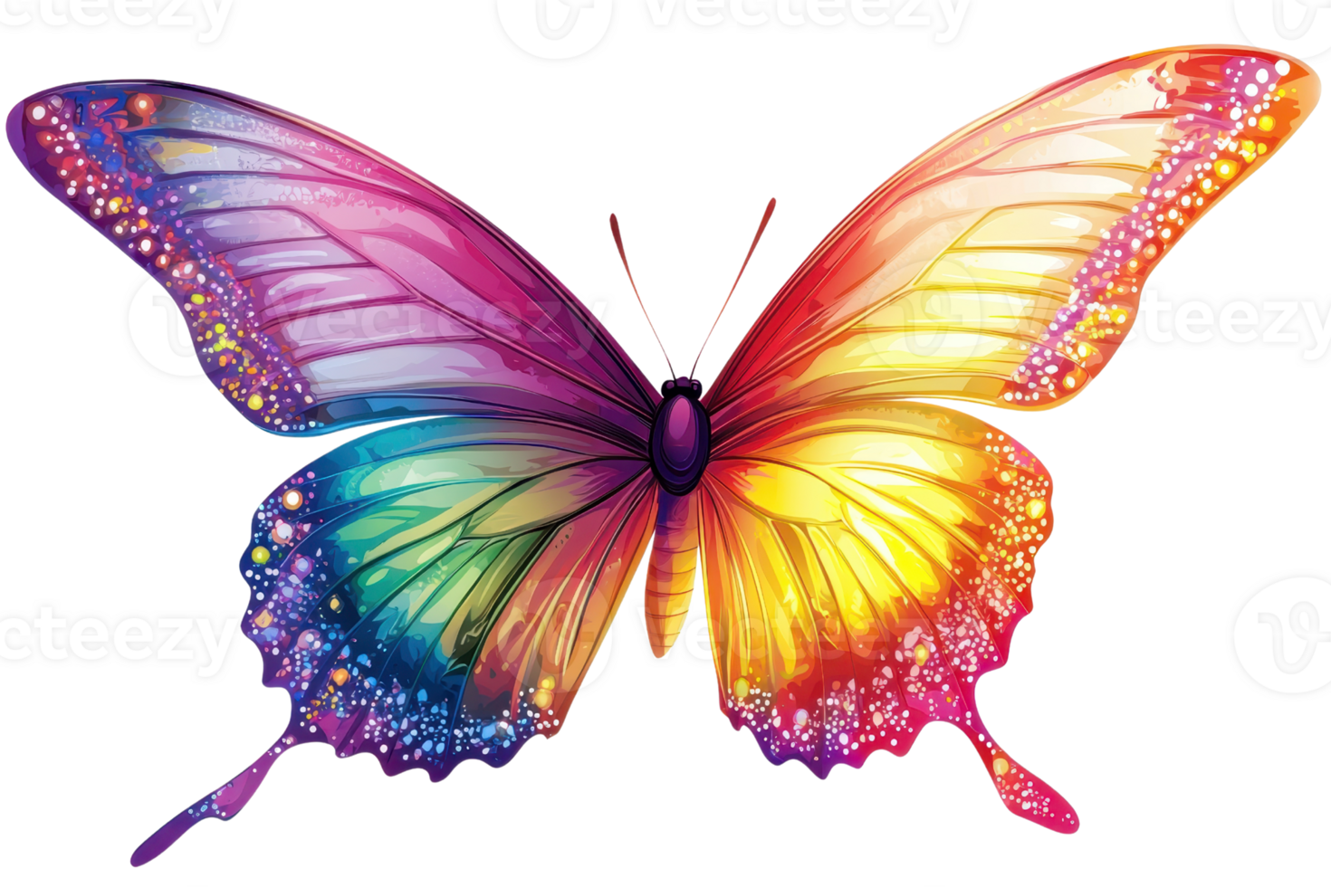 Vibrant rainbow-colored butterfly displaying stunning wingspan showcasing bright, colorful patterns. Ideal for nature, art, and design projects. png