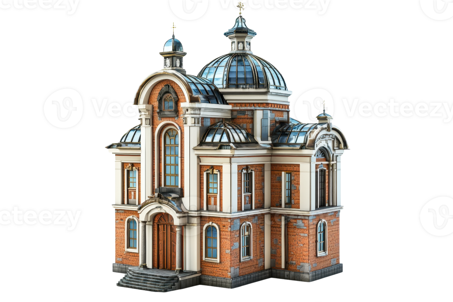 A detailed 3D rendering of a small, classical style, brick building with domes, showcasing intricate architectural design. Isolated on transparent background. png