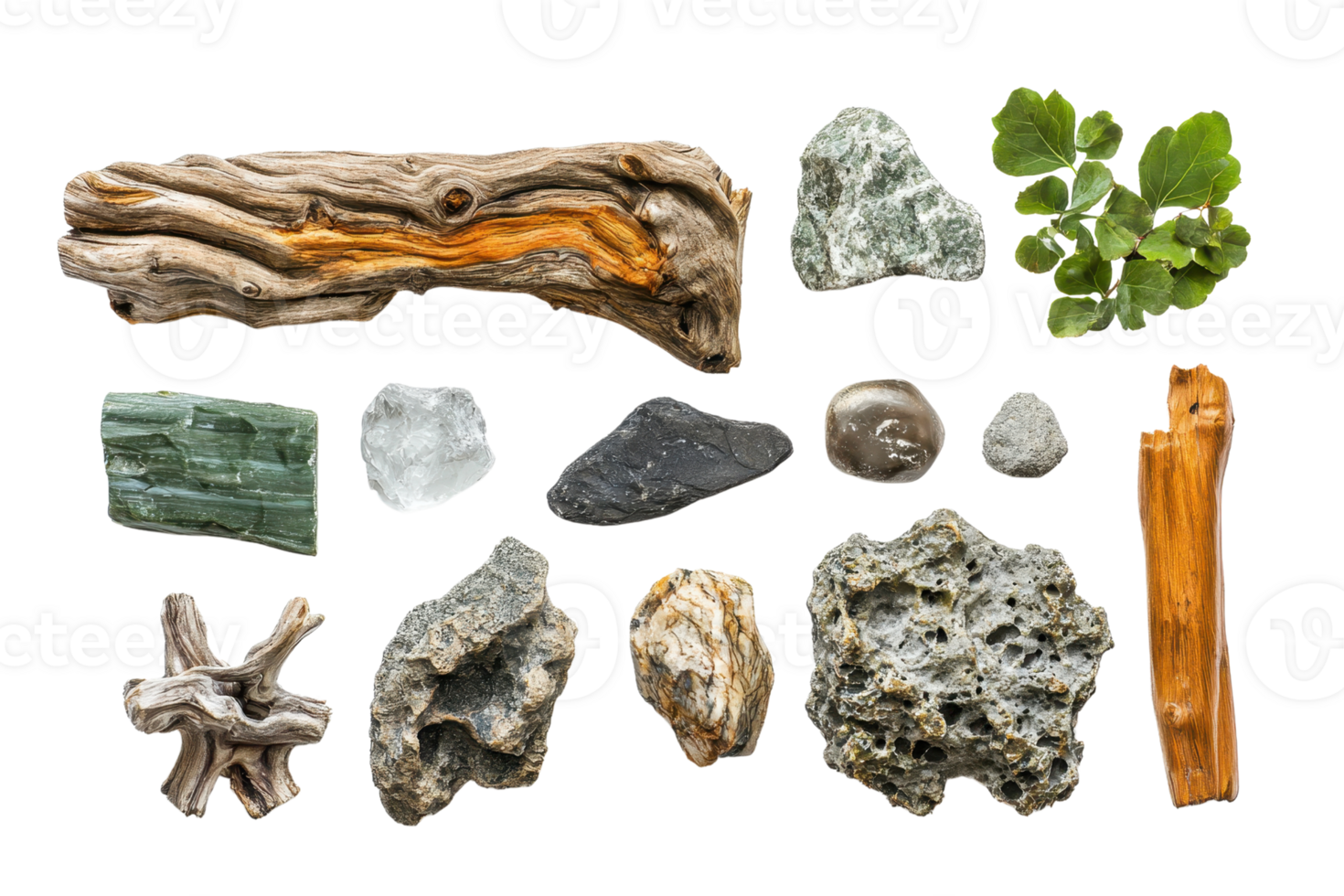 A collection of natural materials including various rocks, minerals, wood, and leaves, isolated on a transparent background. png